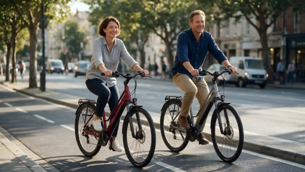 Zwei Personen fahren die iCycle Sagrado E-Bikes in Bordeaux und Stahlgrau durch die Stadt