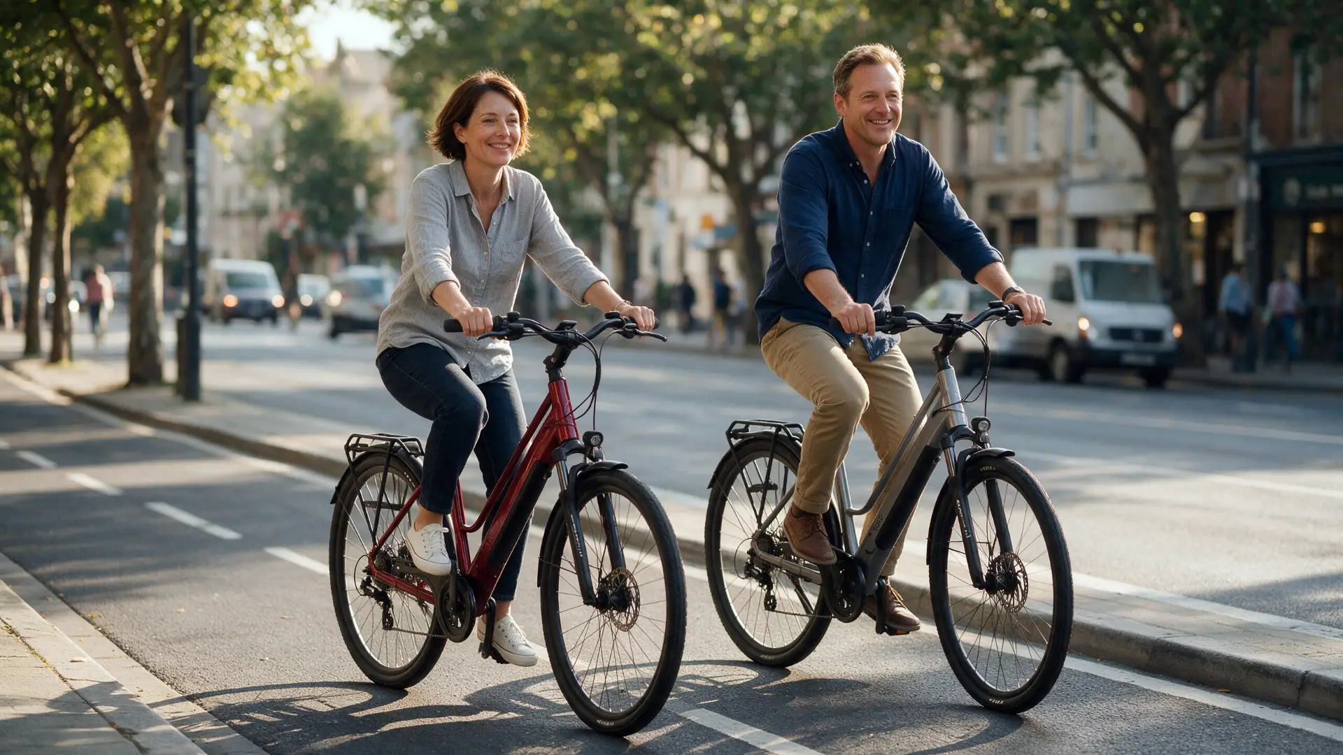 Zwei Personen fahren die iCycle Sagrado E-Bikes in Bordeaux und Stahlgrau durch die Stadt